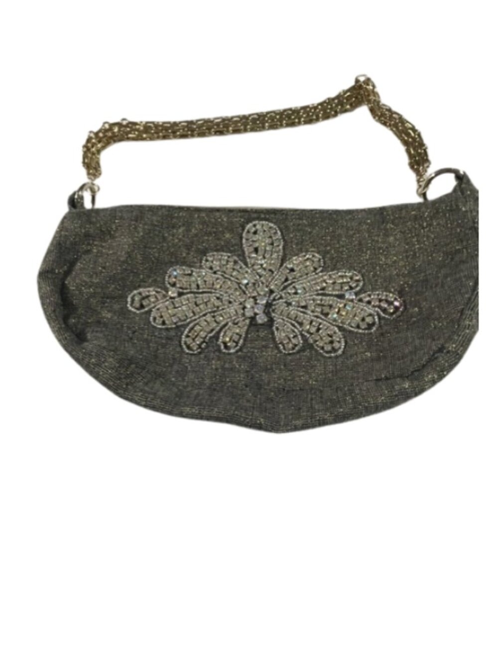 Grey embellished evening bag features a detailed beadwork floral motif and